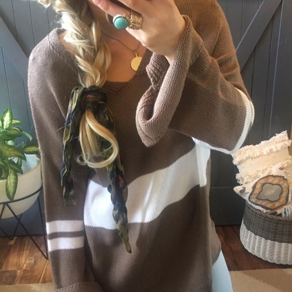 Last One! Brown Soft Stripe V-Neck Sweater Tunic - Picture 3 of 6